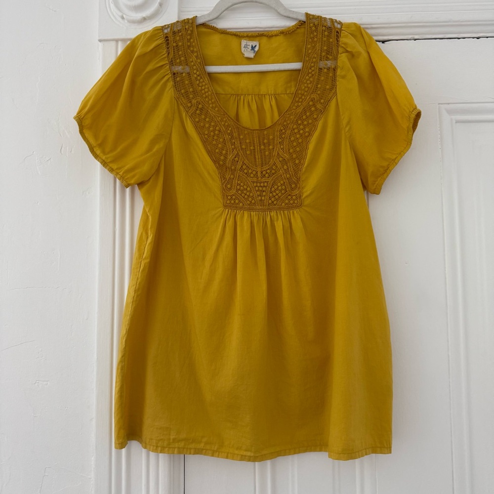 Anthropologie Mustard Yellow Embroidered Scoop Neck Blouse
